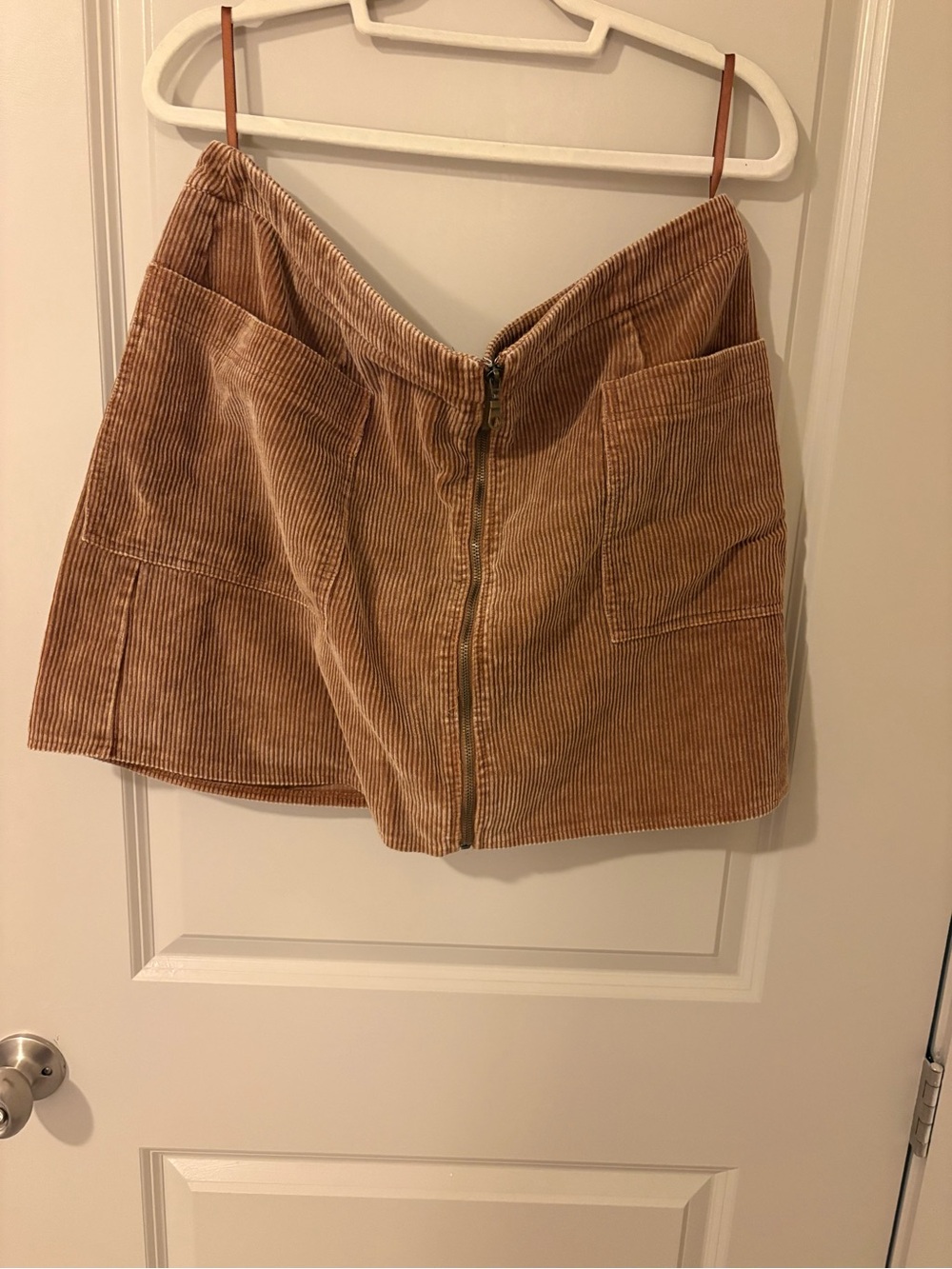 She + Sky Camel Corduroy Front-Zip Mini Skirt